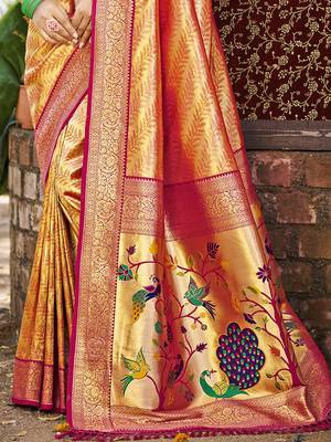 Sangam prints multi color kanjivaram silk woven work traditional saree 3