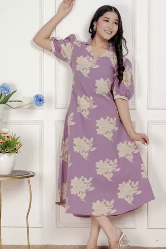 lavender floral printed a-line maxi dress