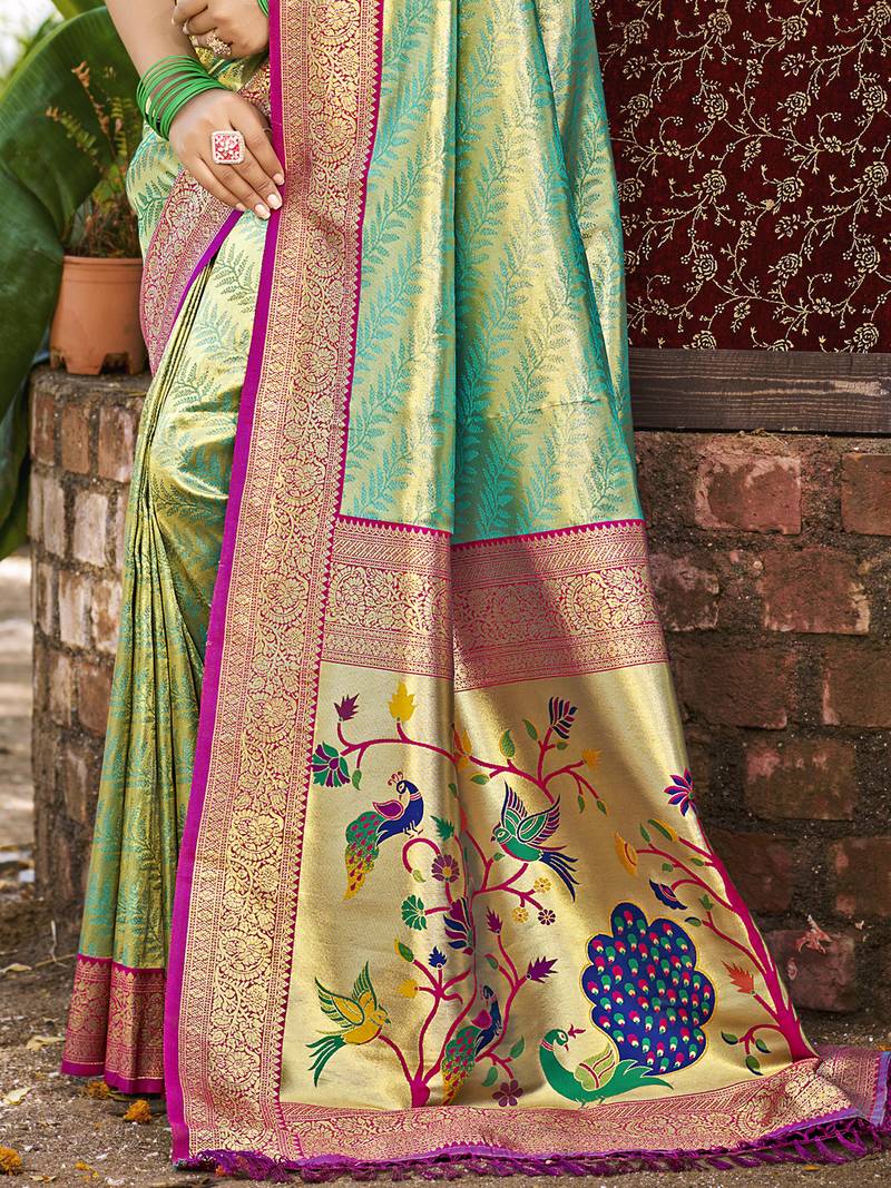 Sangam prints multi color kanjivaram silk woven work traditional saree