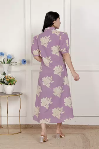lavender floral printed a-line maxi dress