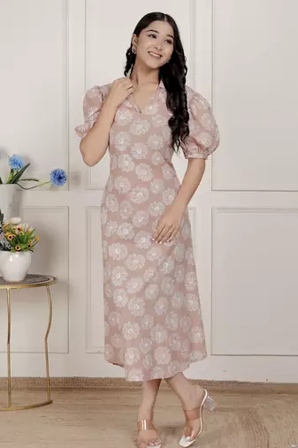 puff sleeve pure cotton printed maxi dress