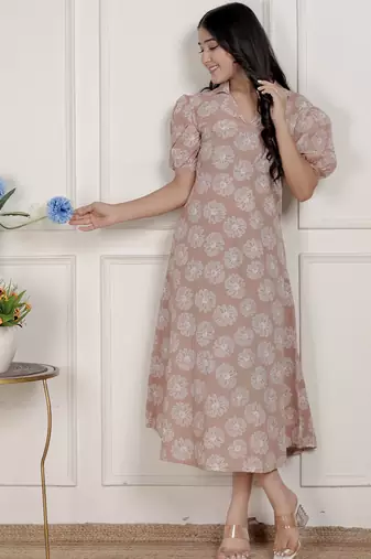 puff sleeve pure cotton printed maxi dress