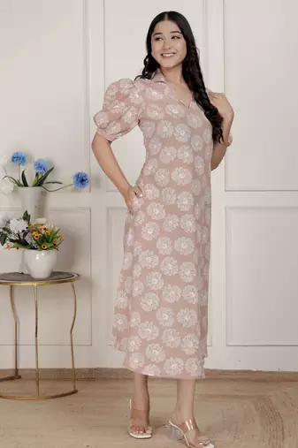 puff sleeve pure cotton printed maxi dress