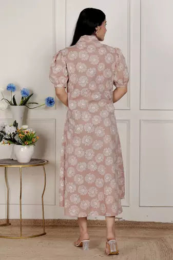 puff sleeve pure cotton printed maxi dress