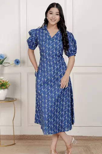 floral print collar-neck puff sleeves a-line maxi dress