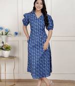 floral print collar-neck puff sleeves a-line maxi dress