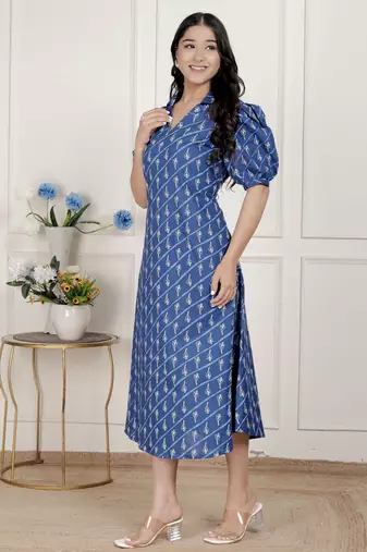 floral print collar-neck puff sleeves a-line maxi dress