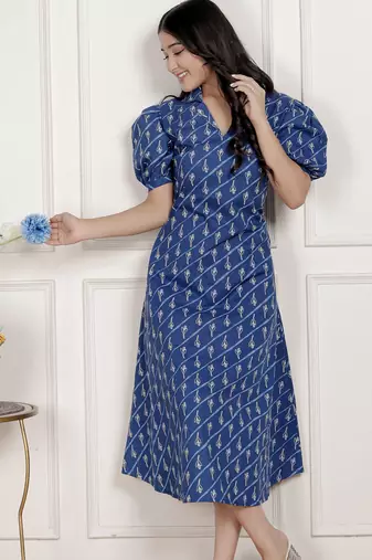 floral print collar-neck puff sleeves a-line maxi dress