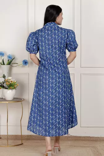 floral print collar-neck puff sleeves a-line maxi dress