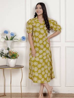  women's yellow printed puff sleeve floral  maxi party dress 1