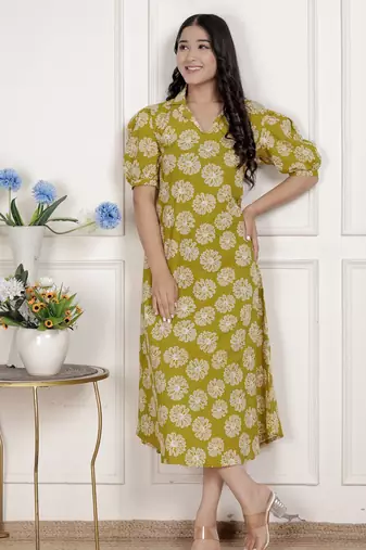  women's yellow printed puff sleeve floral  maxi party dress