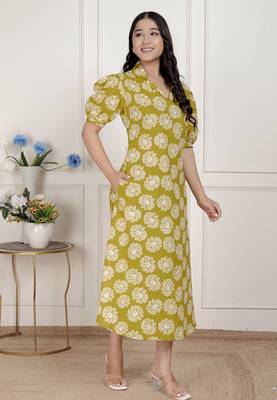  women's yellow printed puff sleeve floral  maxi party dress 2