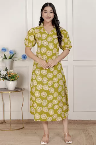  women's yellow printed puff sleeve floral  maxi party dress