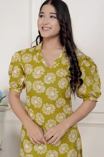  women's yellow printed puff sleeve floral  maxi party dress