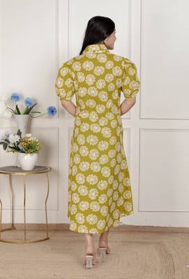  women's yellow printed puff sleeve floral  maxi party dress 5