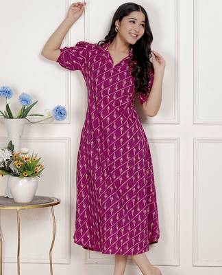 magenta floral printed cotton dress with one side pocket 1