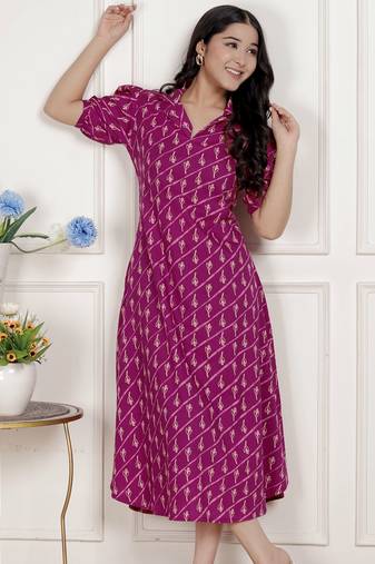 magenta floral printed cotton dress with one side pocket