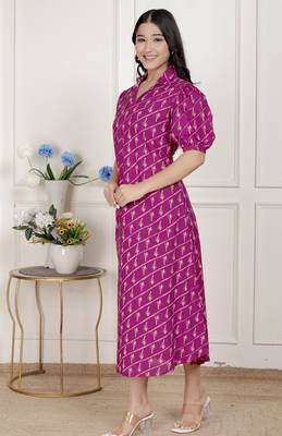 magenta floral printed cotton dress with one side pocket 2