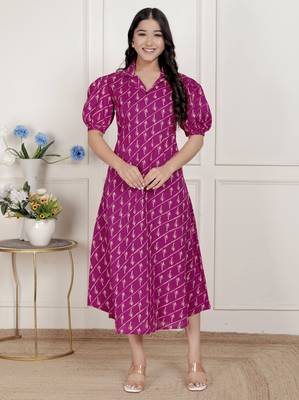 magenta floral printed cotton dress with one side pocket 3