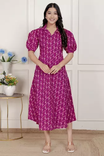 magenta floral printed cotton dress with one side pocket