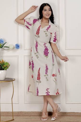 off white flower printed cotton flex maxi dress