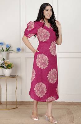 pink printed collar neck short puff sleeves cotton a-line maxi dress 2