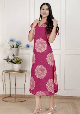 pink printed collar neck short puff sleeves cotton a-line maxi dress 3