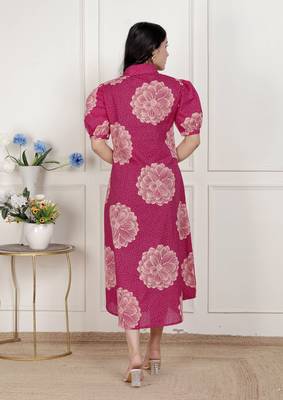 pink printed collar neck short puff sleeves cotton a-line maxi dress 4