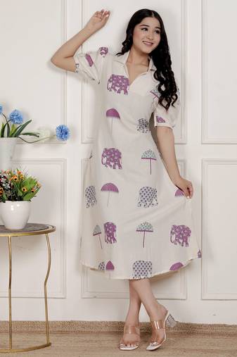 flex cotton short sleeve off white animal print a-line maxi dress