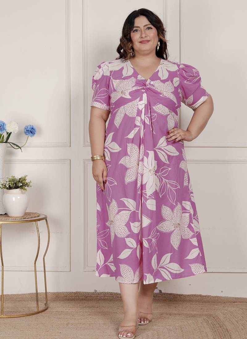 Doriyaan womens plus size pink floral print puff sleeve pure cotton fit flare butterfly maxi dress
