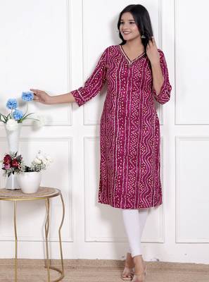  womens bandhej printed rayon kurti magenta 3