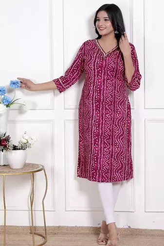  womens bandhej printed rayon kurti magenta