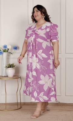  womens plus size pink floral print puff sleeve pure cotton fit flare butterfly maxi dress 2