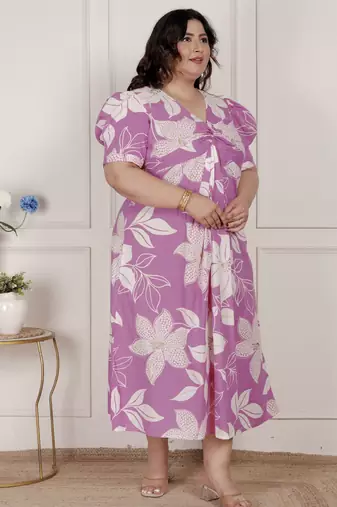  womens plus size pink floral print puff sleeve pure cotton fit flare butterfly maxi dress