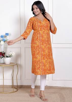 yellow bandhani printed straight kurti 2