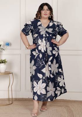 plus size blue flower printed puff sleeve pure cotton fit v neck butterfly middi dress 1