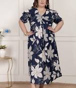 plus size blue flower printed puff sleeve pure cotton fit v neck butterfly middi dress