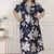 plus size blue flower printed puff sleeve pure cotton fit v neck butterfly middi dress