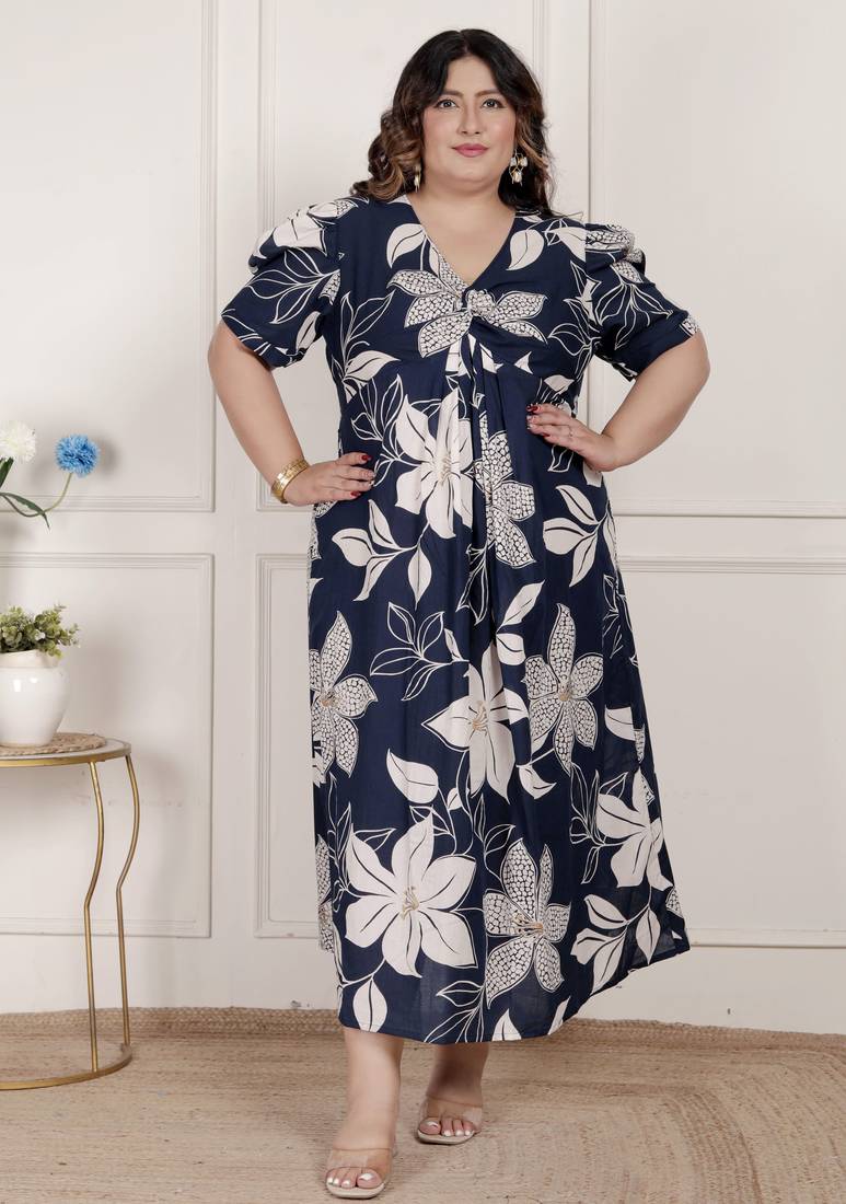 plus size blue flower printed puff sleeve pure cotton fit v neck butterfly middi dress