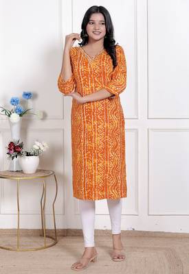 yellow bandhani printed straight kurti 3