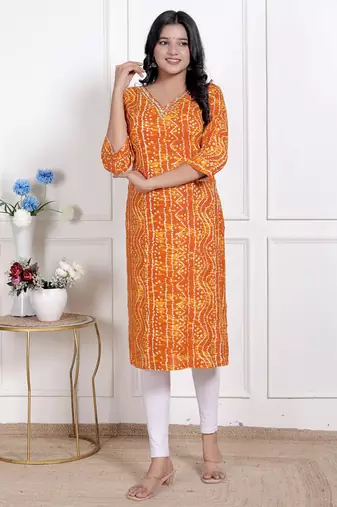 yellow bandhani printed straight kurti