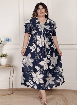 plus size blue flower printed puff sleeve pure cotton fit v neck butterfly middi dress 2