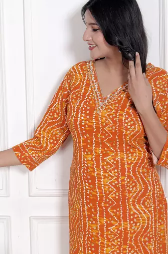 yellow bandhani printed straight kurti
