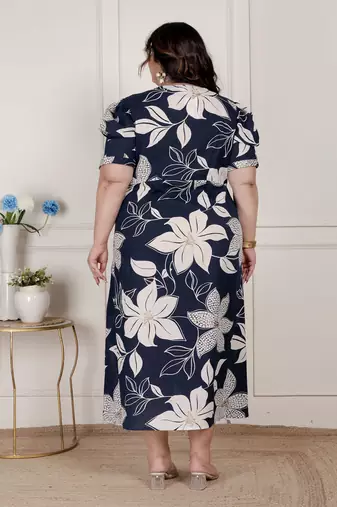 plus size blue flower printed puff sleeve pure cotton fit v neck butterfly middi dress