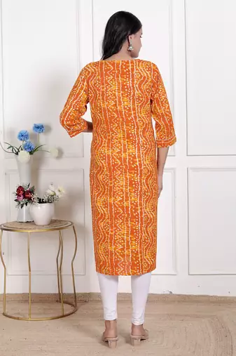 yellow bandhani printed straight kurti