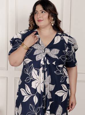 plus size blue flower printed puff sleeve pure cotton fit v neck butterfly middi dress 5