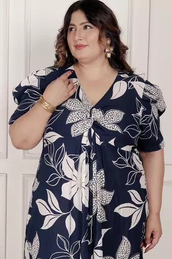 plus size blue flower printed puff sleeve pure cotton fit v neck butterfly middi dress