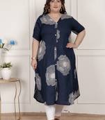 plus size blue floral printed front buttoned a-line kurta dress