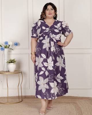 plus size purple pleated puff sleeve floral pure cotton butterfly midi dress 1