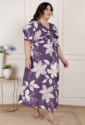 plus size purple pleated puff sleeve floral pure cotton butterfly midi dress 2